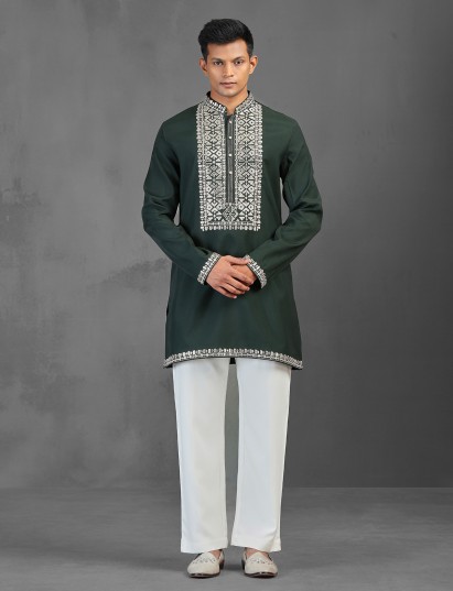 Dark green cotton silk kurta suit ideal for wedding ceremonies