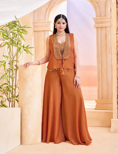 Rust orange chiffon designer jacket style festive palazzo suit