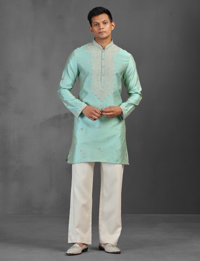 Light aqua art silk kurta suit for traditional festive celebrations