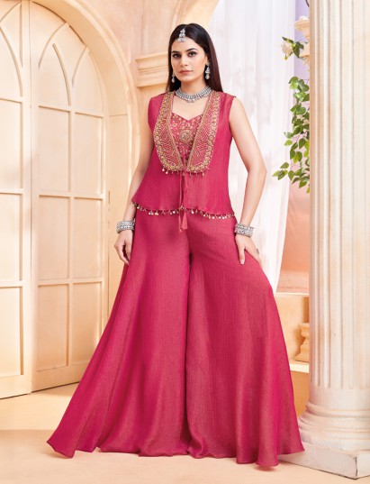 Rani pink chiffon designer jacket style festive palazzo suit
