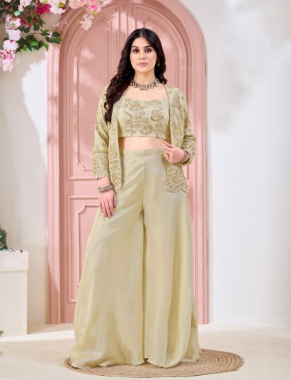 Cream silk designer jacket style palazzo festive wear suit