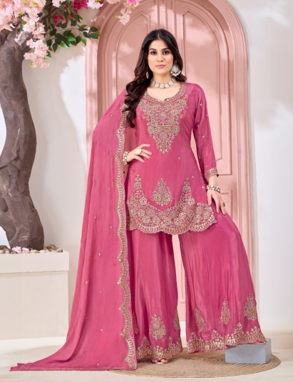 Pink silk pakistani style palazzo festive wear suit