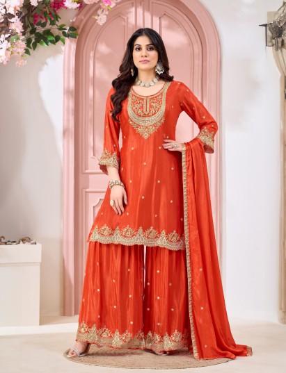 Rust orange silk pakistani style yoke design palazzo suit