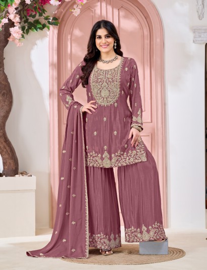 Purple silk pakistani style yoke sharara festive suit
