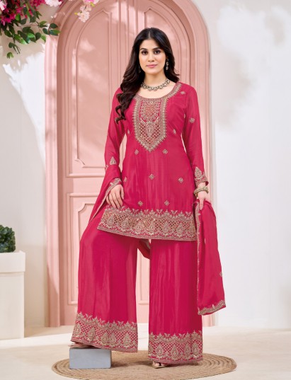 Rani pink silk pakistani style yoke palazzo suit