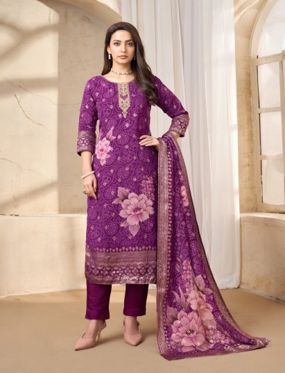Purple silk bandhej printed straight cut salwar suit