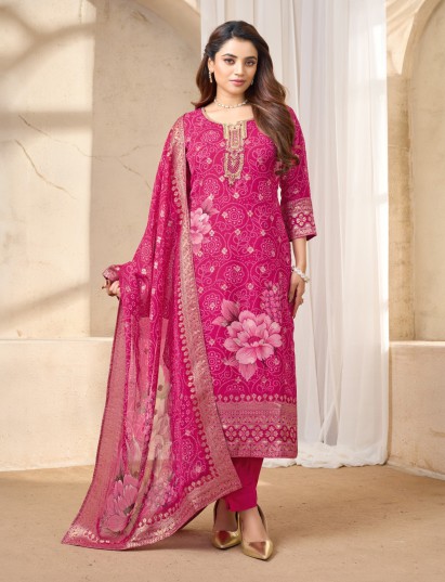 Rani pink silk bandhej printed festive salwar suit