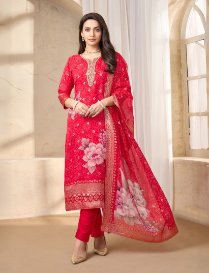 Red silk bandhej printed festive wear salwar suit