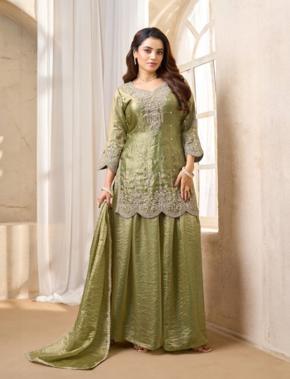 Pista green chinon silk pakistani style palazzo suit