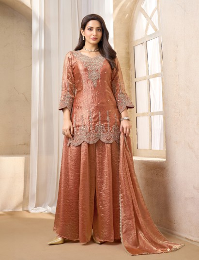 Peach chinon silk pakistani style festive palazzo suit