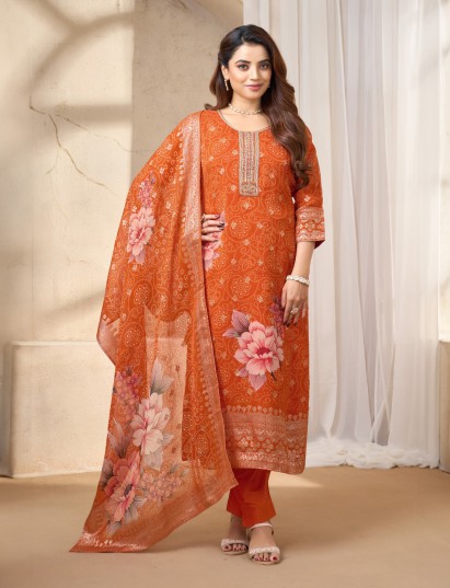 Rust orange silk bandhej printed festive salwar suit