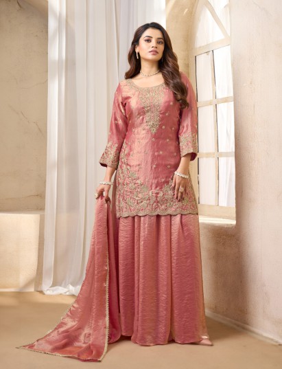 Onion pink chinon silk pakistani style palazzo suit