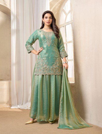 Mint green chinon silk pakistani style palazzo suit
