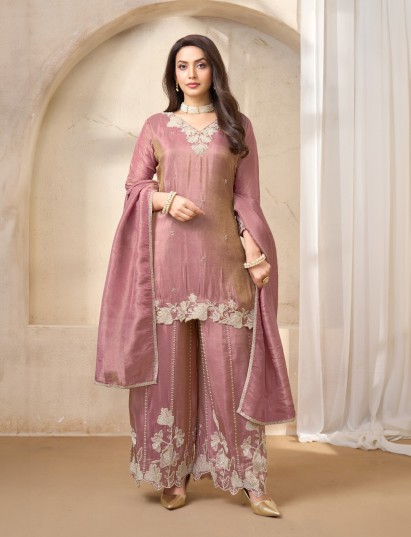 Onion pink silk pakistani style festive palazzo suit