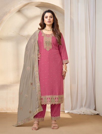 Pink silk yoke style straight cut festive salwar suit