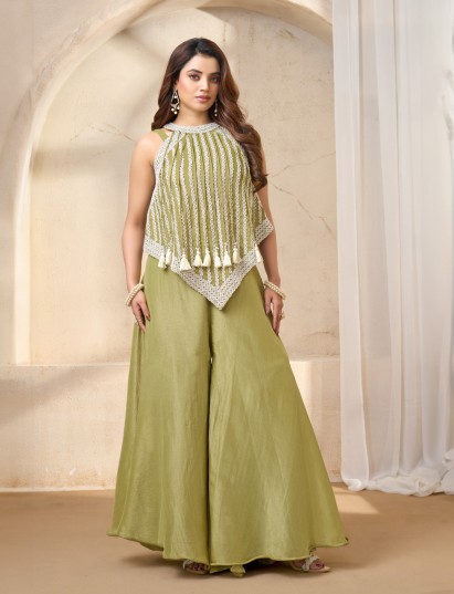 Mehendi green silk designer halter neck palazzo suit