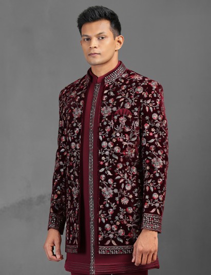 Maroon embroidered designer indowestern wedding set