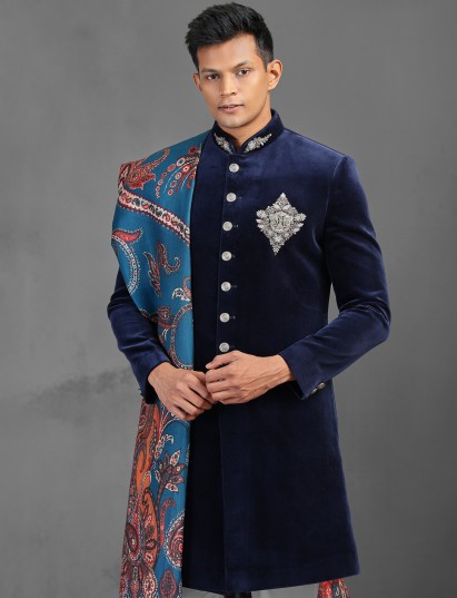 Navy velvet indowestern suit with elegant dupatta