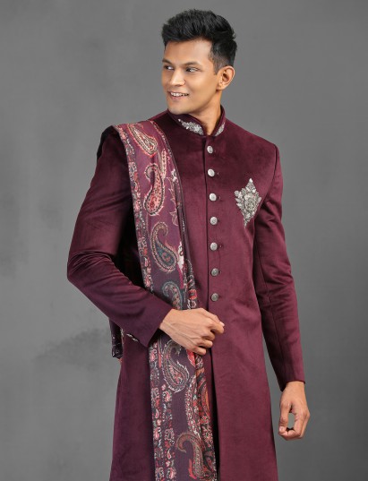 Wine festive indowestern suit with dupatta