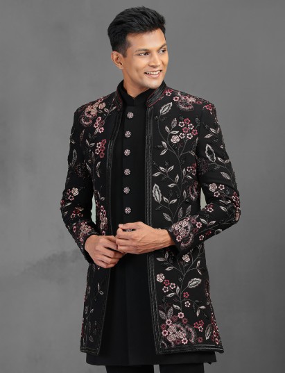 Black terry rayon indowestern suit for reception