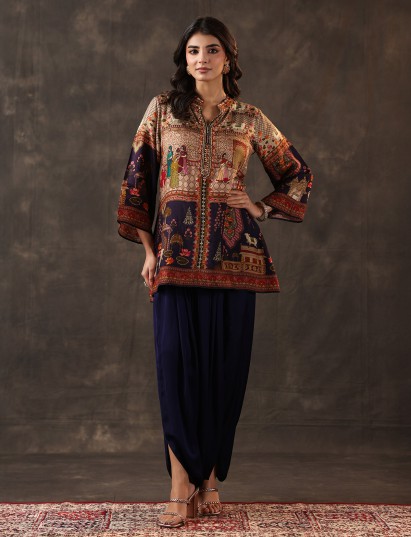 Navy crepe silk printed dhoti style festive suit