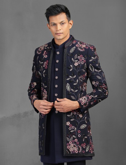 Navy reception wear indowestern suit with embroidery