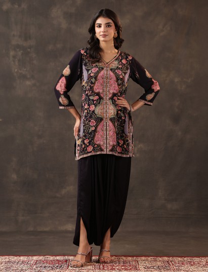 Black crepe silk printed designer dhoti suit