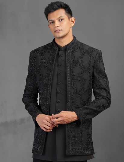 Black terry rayon indowestern suit with cutdana detailing