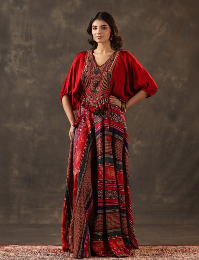 Red crepe silk embellished designer palazzo suit