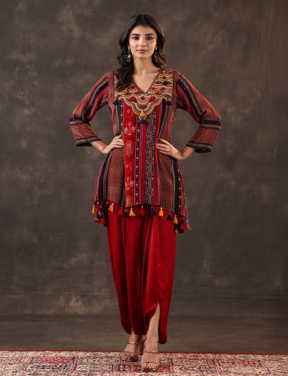 Maroon crepe silk mirror work dhoti suit