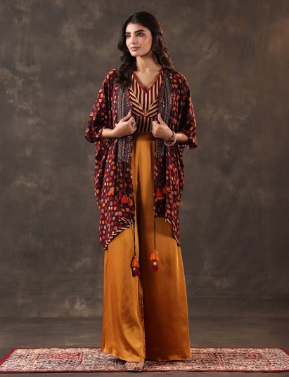 Wine yellow crepe silk jacket style palazzo suit