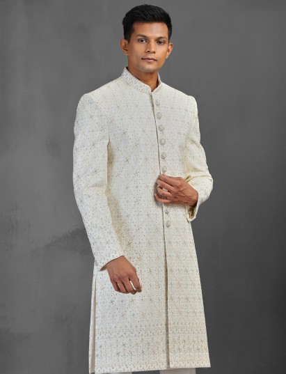 Beige silk sherwani with elegant thread embroidery