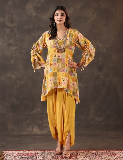 Yellow silk printed festive dhoti style suit