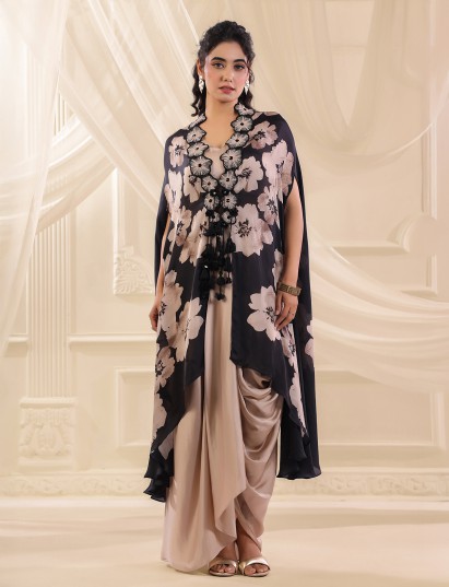 Black beige silk kaftan style indo western suit