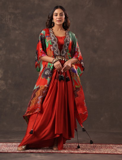 Red crepe silk kaftan style indo western suit