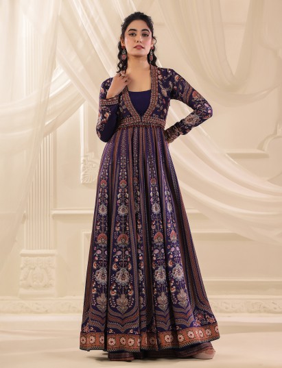 Purple silk anarkali style designer palazzo suit