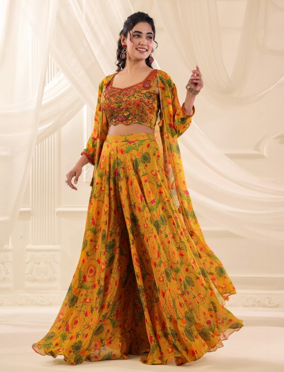 Mehendi yellow georgette jacket style festive palazzo suit