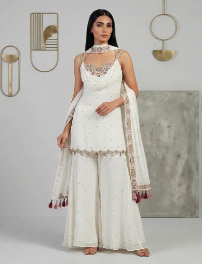 White georgette silk designer sharara suit festive wear