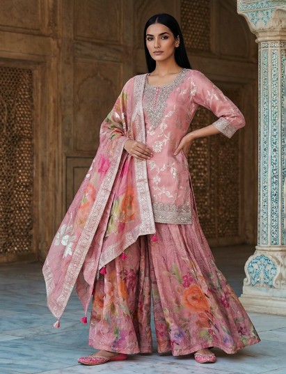 Peach silk floral printed palazzo suit with dupatta