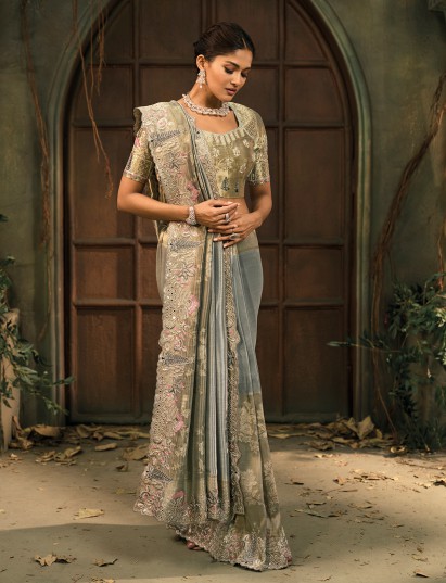 Pastel blue ziraf silk embellished wedding saree