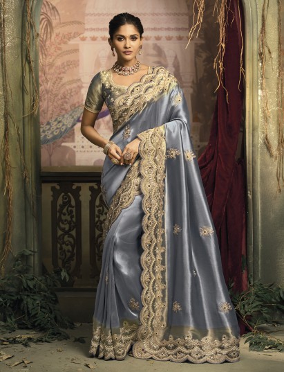 Pastel stone blue ziraf silk designer saree
