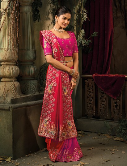 Rani pink silk festive embroidered wedding saree