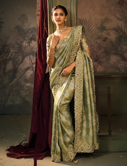 Olive ziraf silk designer wedding occasion saree