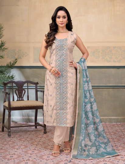 Beige silk embroidered festive sleeveless straight cut salwar suit