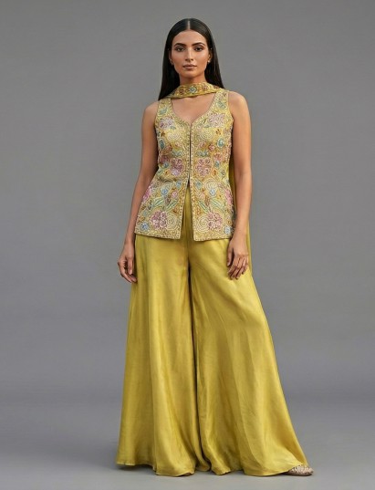 Mehendi green silk palazzo suit festive designer wear