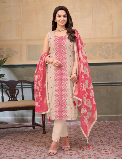 Beige silk sequin embroidered sleeveless festive salwar suit