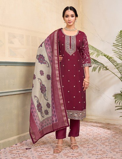 Wine silk yoke style embroidered festive straight cut salwar suit