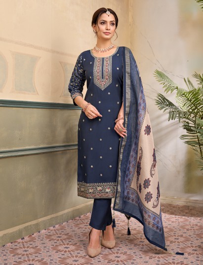 Stone blue silk yoke style embroidered festive salwar suit