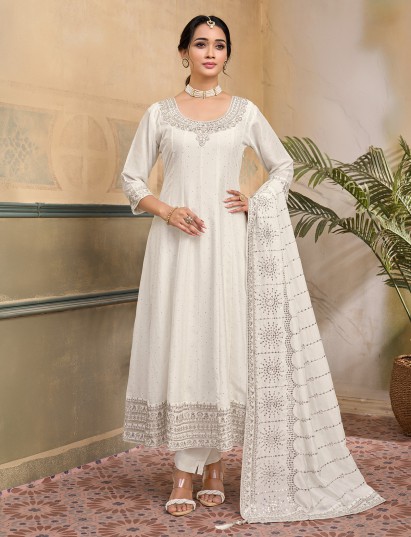 White chiffon silk anarkali festive wear suit