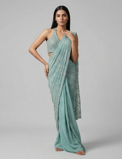 Sage green crepe silk designer ready to wear saree
